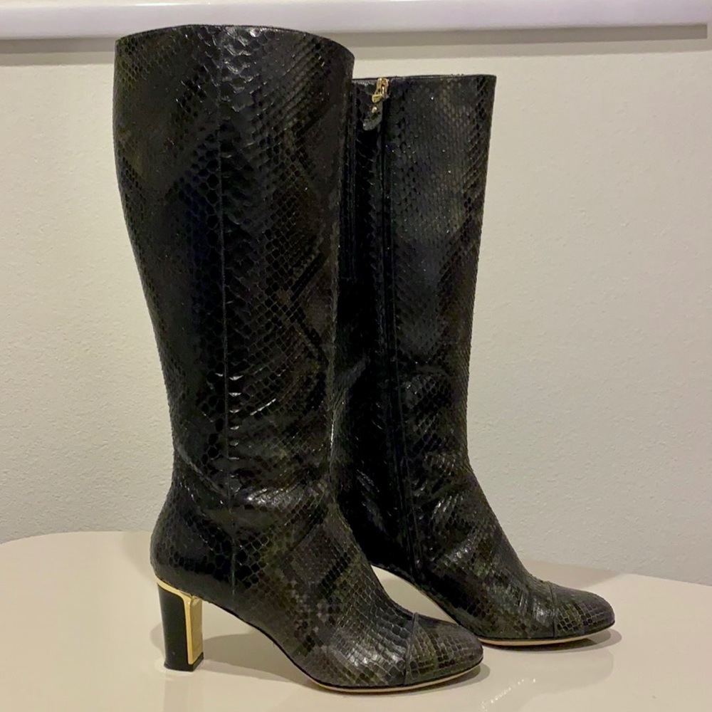 Salvatore Ferragamo Python Skin Black and Grey Heeled Boots.
